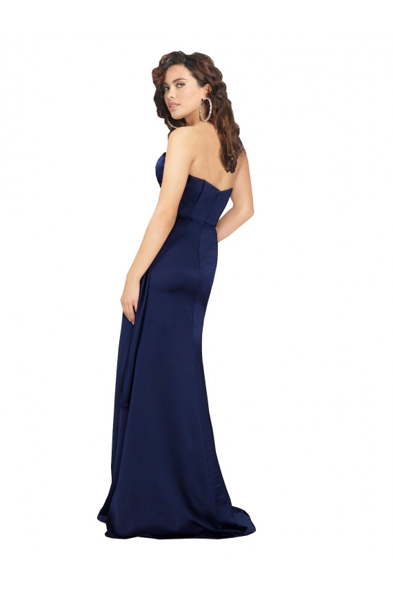 Affordable A-Line Strapless Silky Satin Long Sapphire Formal Evening Dress Canada