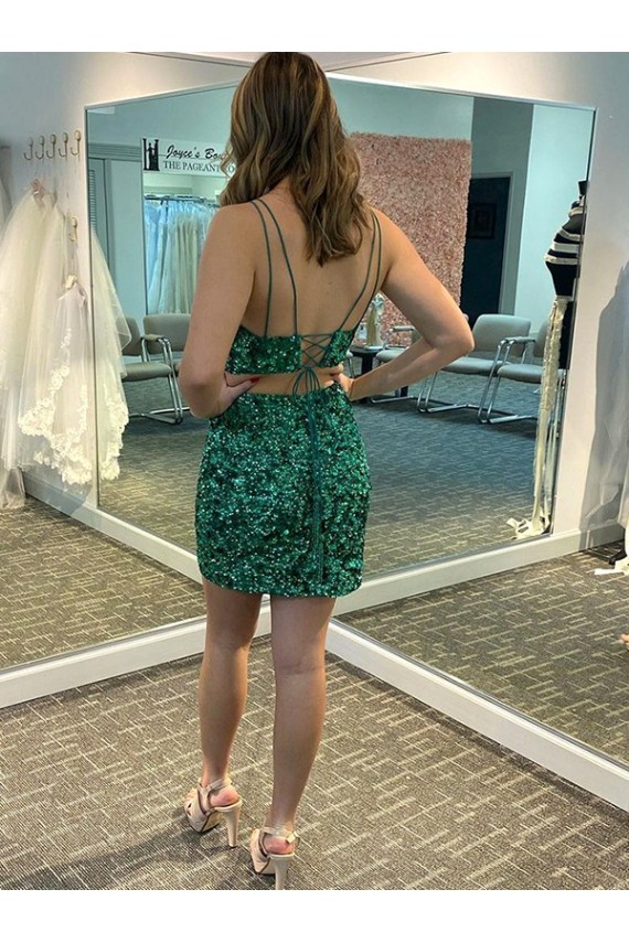Affordable Sheath V-Neck Velvet Sequins Short Shamrock Green Velvet Sequin Evening Dress Canada