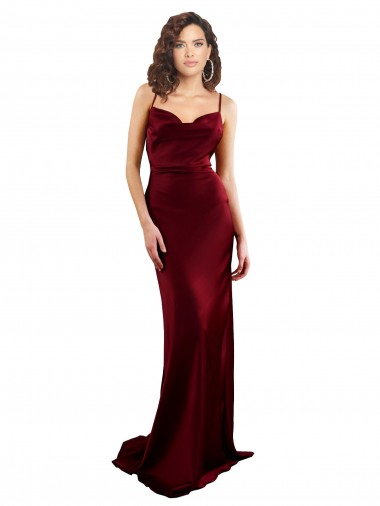Affordable Sheath Cowl Neck Silky Satin Long Burgundy Formal Evening Dress Canada