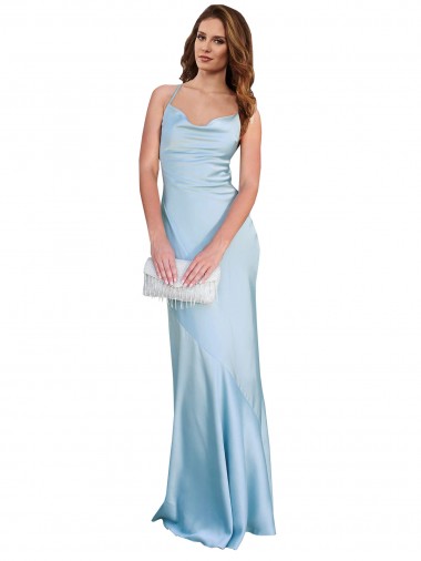 Affordable Sheath Cowl Neck Silky Satin Long Light Sky Blue Formal Evening Dress Canada