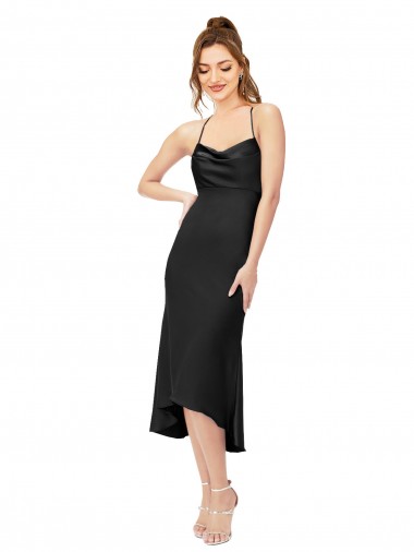 Affordable Sheath Cowl Neck Silky Satin Midi Length Black High Low Evening Dress Canada
