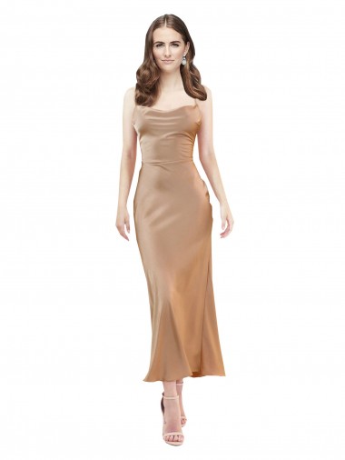 Affordable Sheath Cowl Neck Silky Satin Midi Length Rose Gold Formal Evening Dress Canada