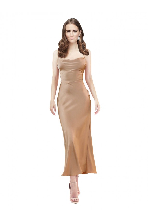 Affordable Sheath Cowl Neck Silky Satin Midi Length Rose Gold Formal Evening Dress Canada