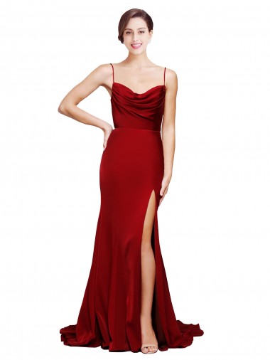 Affordable Sheath Cowl Neck Stretch Satin Sweep Train Burgundy Black Tie Evening Dress Canada