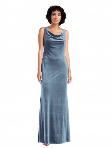 Affordable Sheath Cowl Neck Stretch Velvet Long Dusty Blue Evening Dress Canada
