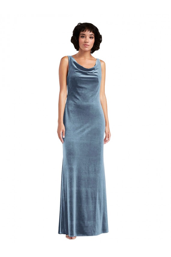 Affordable Sheath Cowl Neck Stretch Velvet Long Dusty Blue Evening Dress Canada