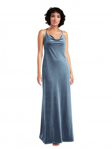 Affordable Sheath Cowl Neck Stretch Velvet Long Dusty Blue Evening Gown Canada