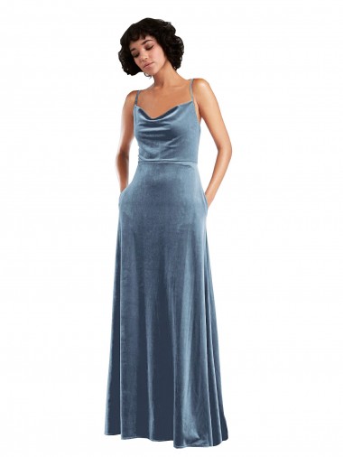 Affordable Sheath Cowl Neck Stretch Velvet Long Dusty Blue Semi Formal Evening Dress Canada