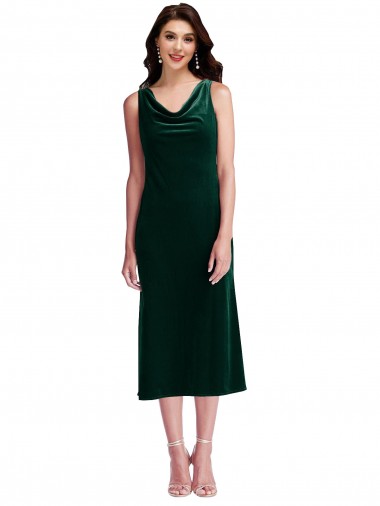 Affordable Sheath Cowl Neck Stretch Velvet Midi Length Dark Green Evening Dress Canada