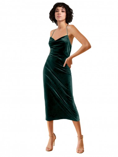 Affordable Sheath Cowl Neck Stretch Velvet Midi Length Dark Green Formal Dress Canada