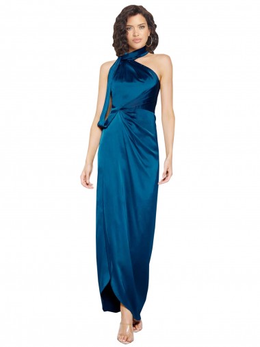 Affordable Sheath High Neck Silky Satin Long Peacock Blue Formal Evening Dress Canada