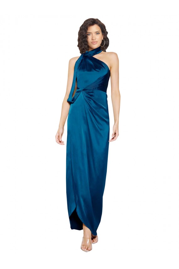 Affordable Sheath High Neck Silky Satin Long Peacock Blue Formal Evening Dress Canada