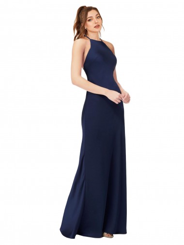 Affordable Sheath High Neck Silky Satin Long Sapphire Formal Evening Dress Canada