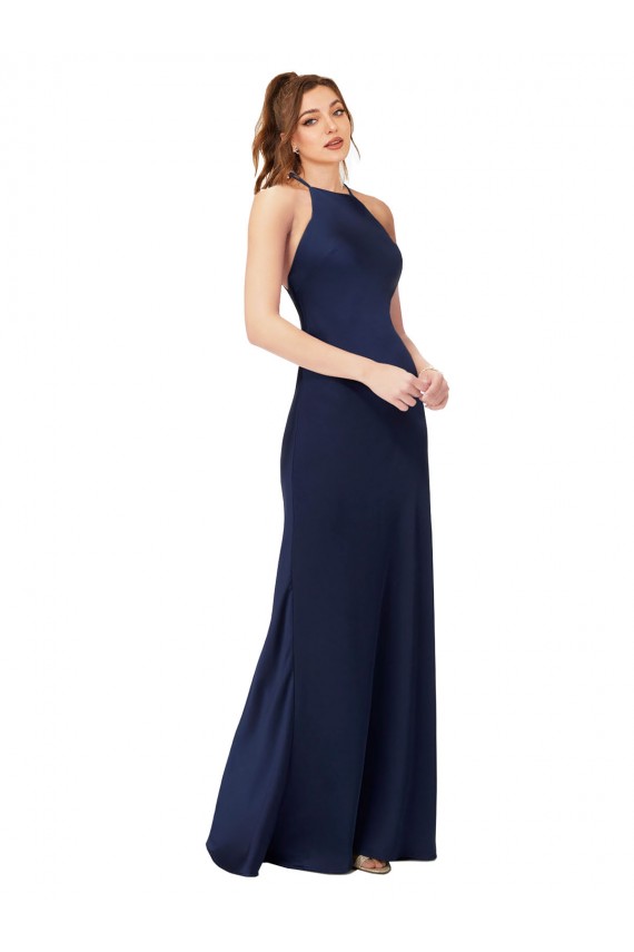Affordable Sheath High Neck Silky Satin Long Sapphire Formal Evening Dress Canada