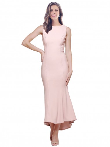 Affordable Sheath High Neck Stretch Crepe Midi Length Pink High Low Evening Dress Canada
