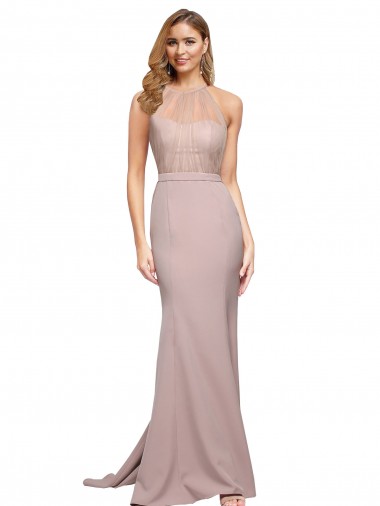 Affordable Sheath High Neck Stretch Crepe Sweep Train Dusty Pink Formal Evening Dress Canada