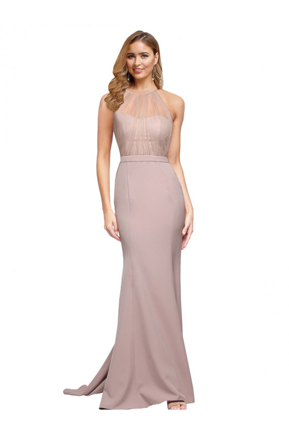 Affordable Sheath High Neck Stretch Crepe Sweep Train Dusty Pink Formal Evening Dress Canada