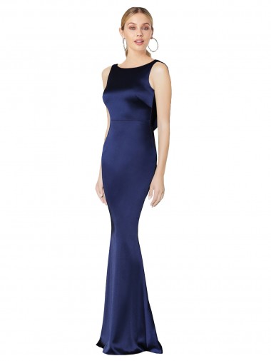 Affordable Sheath High Neck Stretch Satin Long Dark Navy Formal Evening Dress Canada