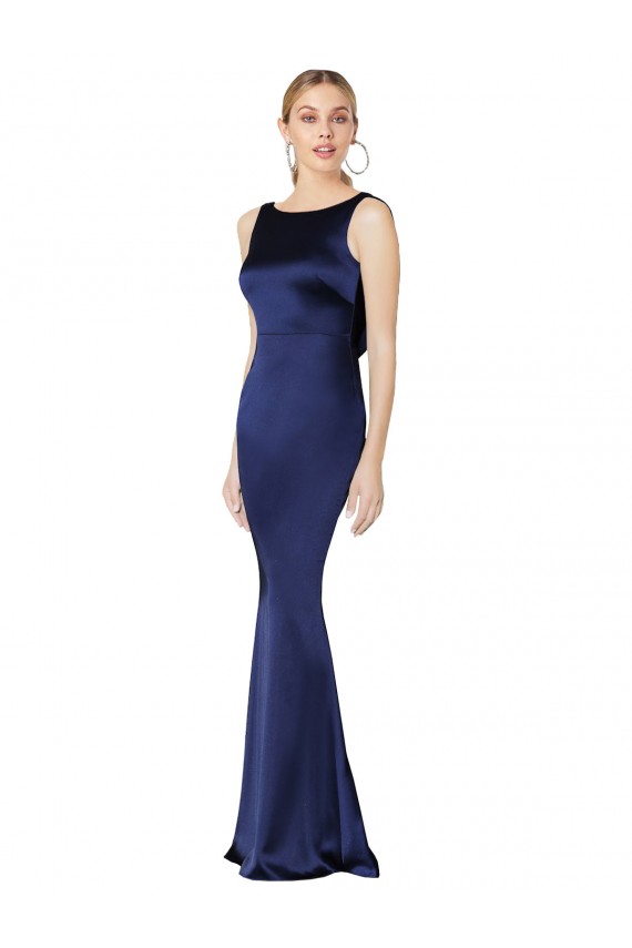 Affordable Sheath High Neck Stretch Satin Long Dark Navy Formal Evening Dress Canada