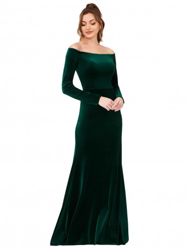 Affordable Sheath Off the Shoulder Stretch Velvet Long Dark Green Formal Evening Dress Canada