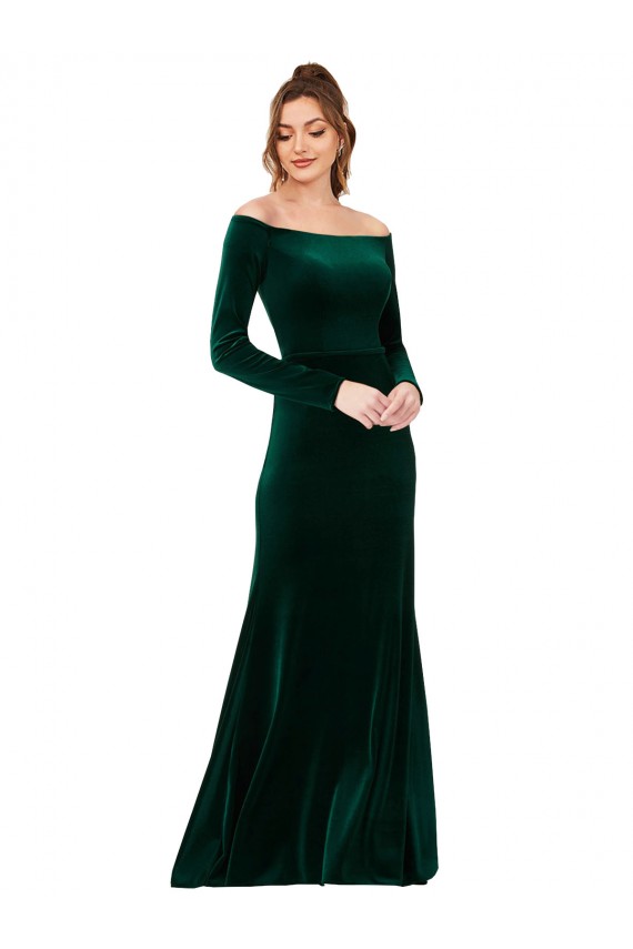 Affordable Sheath Off the Shoulder Stretch Velvet Long Dark Green Formal Evening Dress Canada
