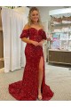 Affordable Sheath Off the Shoulder Velvet Sequins Court Train Red Velvet Sequin Evening Dress Canada
