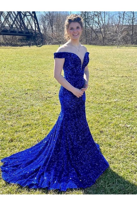 Affordable Sheath Off the Shoulder Velvet Sequins Sweep Train Royal Blue Velvet Sequin Evening Dress Canada