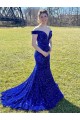Affordable Sheath Off the Shoulder Velvet Sequins Sweep Train Royal Blue Velvet Sequin Evening Dress Canada