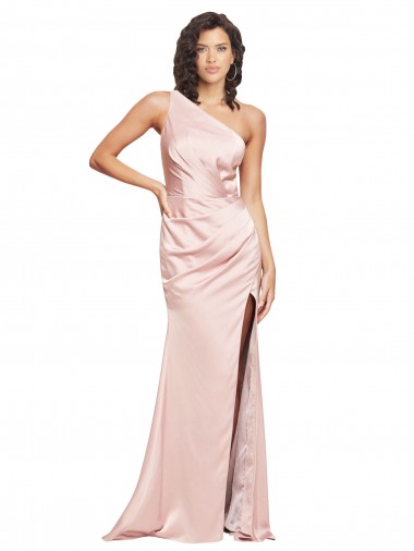 Affordable Sheath One Shoulder Silky Satin Long Pink Formal Evening Dress Canada
