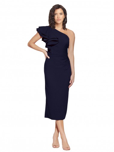 Affordable Sheath One Shoulder Stretch Crepe Midi Length Dark Navy Formal Evening Dress Canada