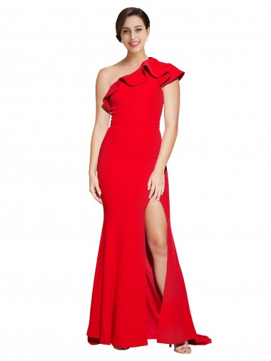 Affordable Sheath One Shoulder Stretch Crepe Sweep Train Red Semi Formal Evening Dress Canada