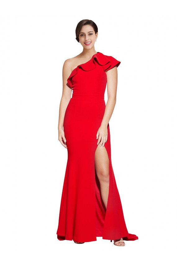 Affordable Sheath One Shoulder Stretch Crepe Sweep Train Red Semi Formal Evening Dress Canada