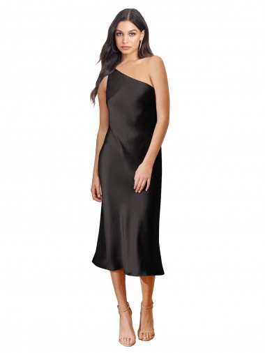 Affordable Sheath One Shoulder Stretch Satin Midi Length Black Black Tie Evening Dress Canada