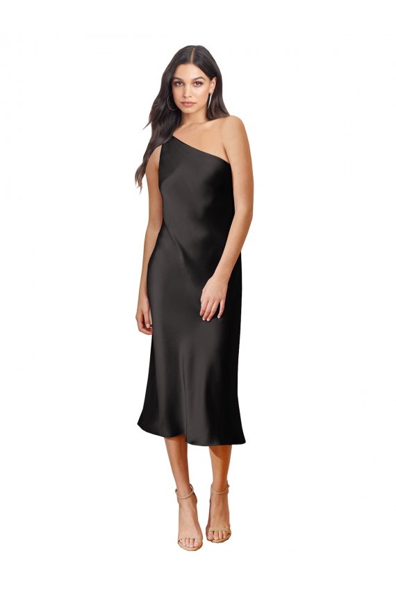 Affordable Sheath One Shoulder Stretch Satin Midi Length Black Black Tie Evening Dress Canada