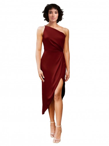 Affordable Sheath One Shoulder Stretch Satin Midi Length Burgundy Black Tie Evening Dress Canada