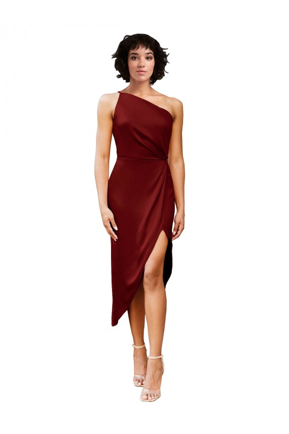 Affordable Sheath One Shoulder Stretch Satin Midi Length Burgundy Black Tie Evening Dress Canada