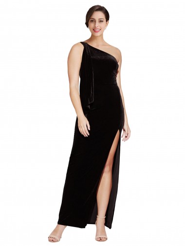 Affordable Sheath One Shoulder Stretch Velvet Long Black Formal Evening Dress Canada