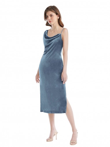 Affordable Sheath One Shoulder Stretch Velvet Long Dusty Blue Semi Formal Evening Dress Canada