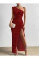 Affordable Sheath One Shoulder Velvet Sequins Long Red Velvet Sequin Evening Dress Canada
