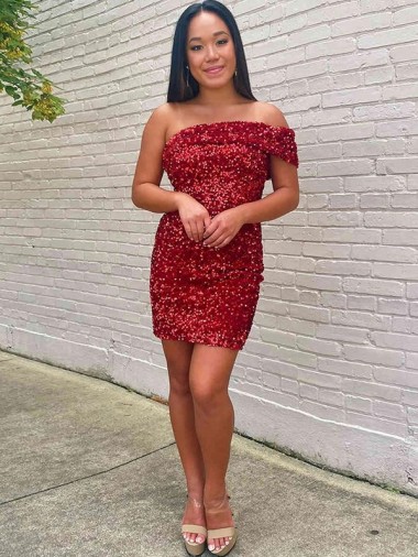 Affordable Sheath One Shoulder Velvet Sequins Short Burgundy Velvet Sequin Evening Dress Canada