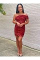 Affordable Sheath One Shoulder Velvet Sequins Short Burgundy Velvet Sequin Evening Dress Canada