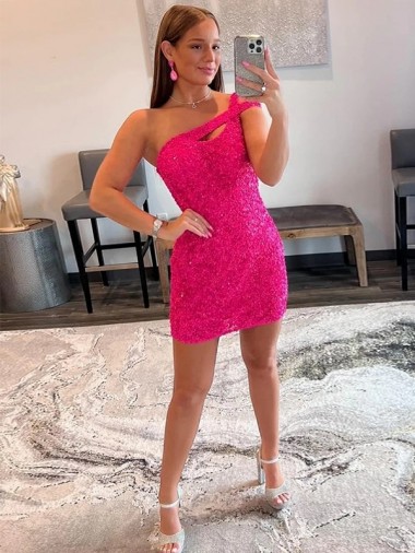 Affordable Sheath One Shoulder Velvet Sequins Short Fuchsia Velvet Sequin Evening Dress Canada