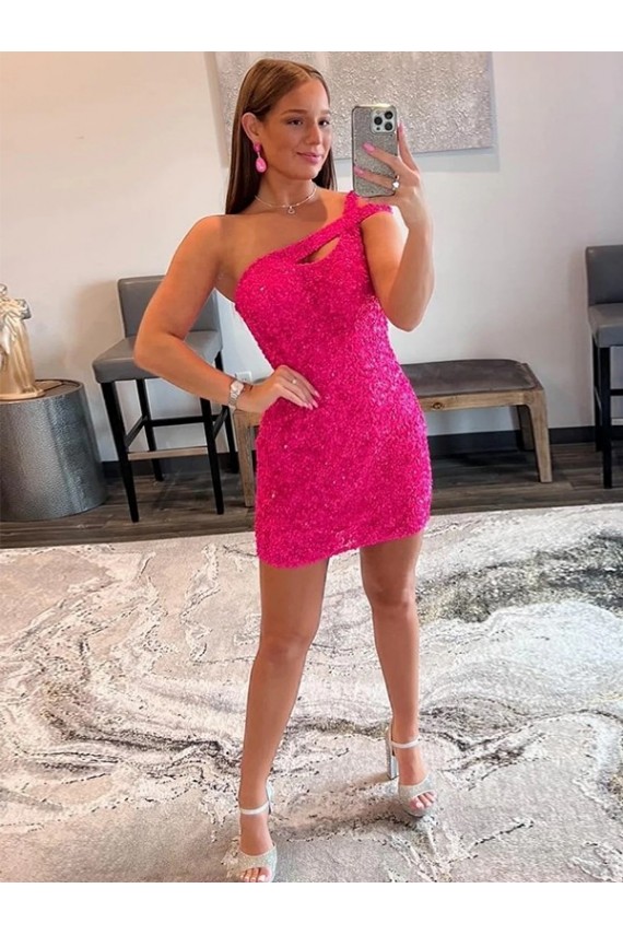 Affordable Sheath One Shoulder Velvet Sequins Short Fuchsia Velvet Sequin Evening Dress Canada