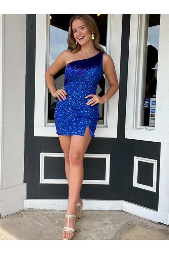 Affordable Sheath One Shoulder Velvet Sequins Short Royal Blue Velvet Sequin Evening Dress Canada