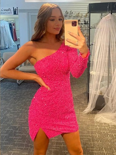 Affordable Sheath One Shoulder Velvet Sequins Short Velvet Sequin Evening Gown Canada