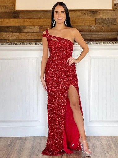 Affordable Sheath One Shoulder Velvet Sequins Sweep Train Burgundy Velvet Sequin Evening Dress Canada