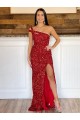 Affordable Sheath One Shoulder Velvet Sequins Sweep Train Burgundy Velvet Sequin Evening Dress Canada