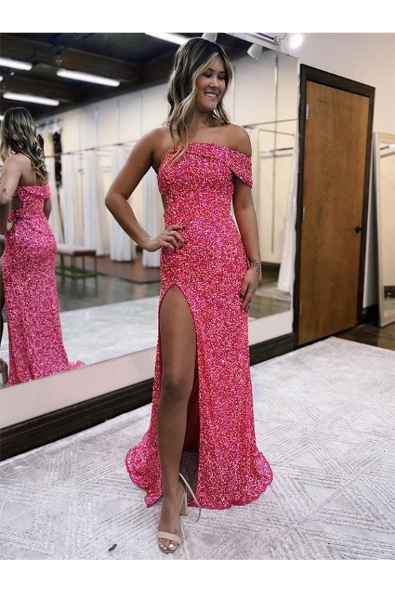 Affordable Sheath One Shoulder Velvet Sequins Sweep Train Fuchsia Velvet Sequin Evening Dress Canada