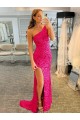 Affordable Sheath One Shoulder Velvet Sequins Sweep Train Fuchsia Velvet Sequin Evening Gown Canada