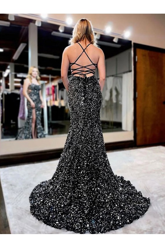 Affordable Sheath Spaghetti Straps Velvet Sequins Sweep Train Velvet Sequin Evening Dress Canada